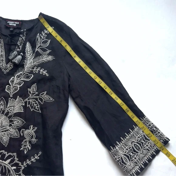 Johnny Was Floral Embroidered Shift Dress Small Black Boho Chic Eclectic Tassels - Picture 11 of 12